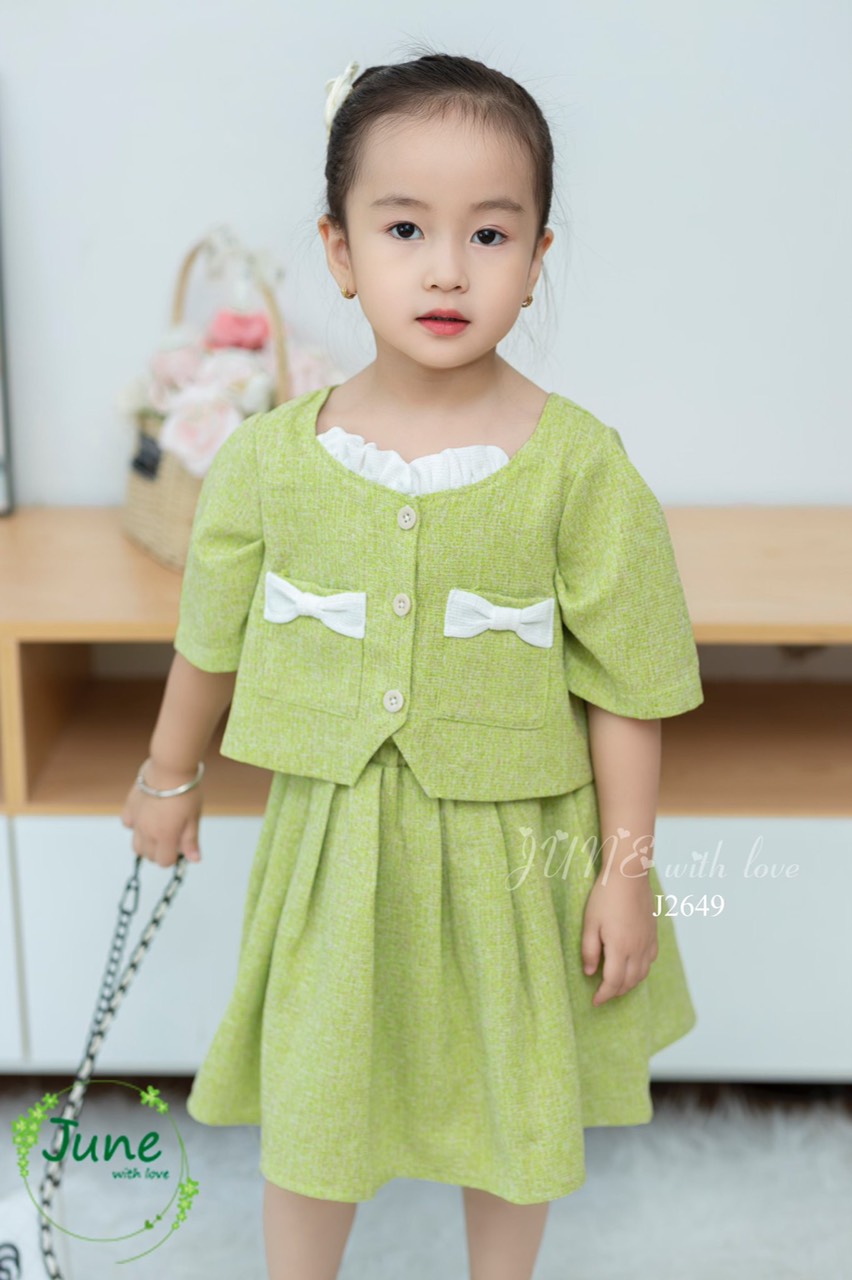 Set áo váy dạ text June with love màu xanh 1-10y