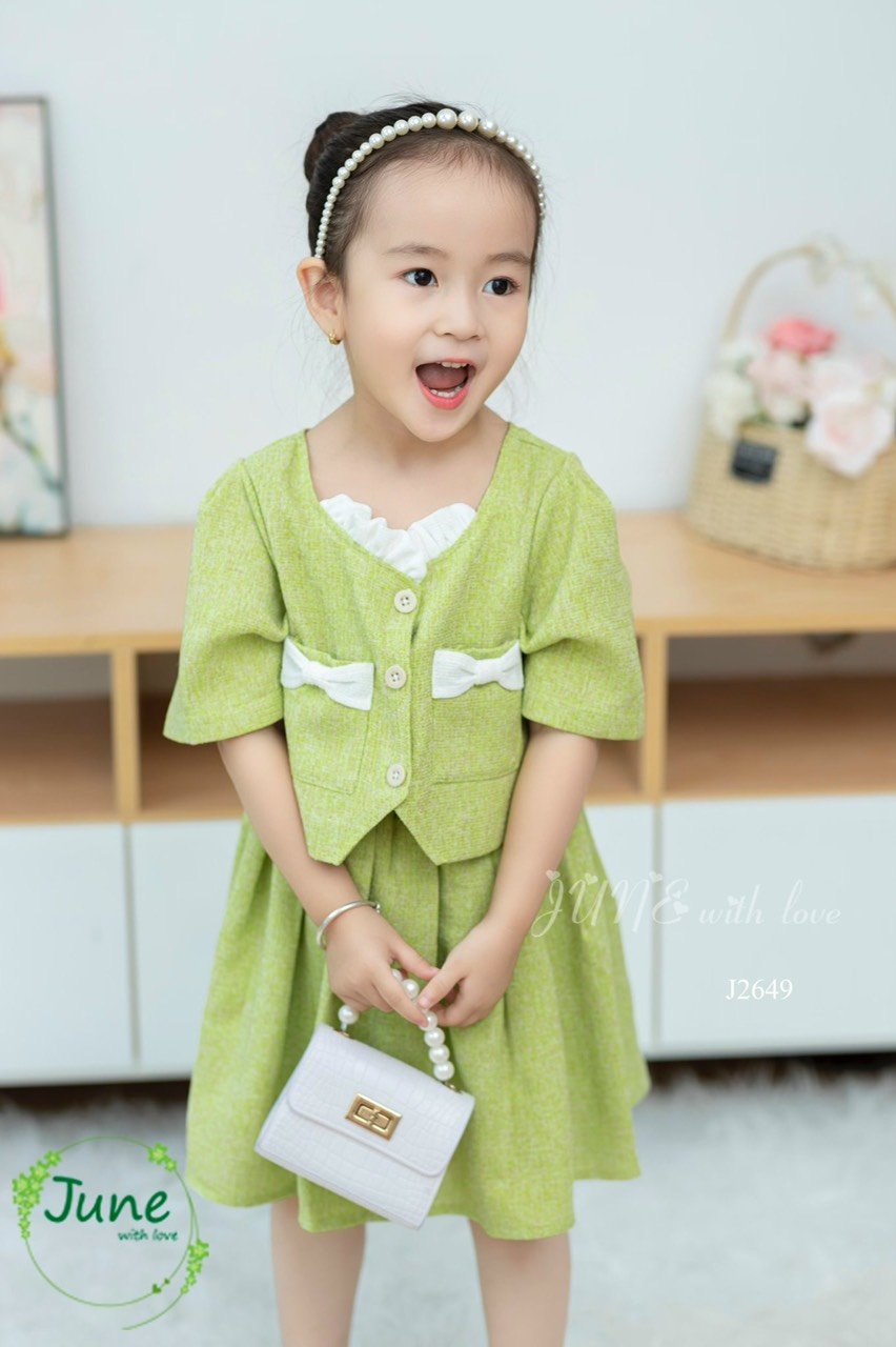 Set áo váy dạ text June with love màu xanh 1-10y