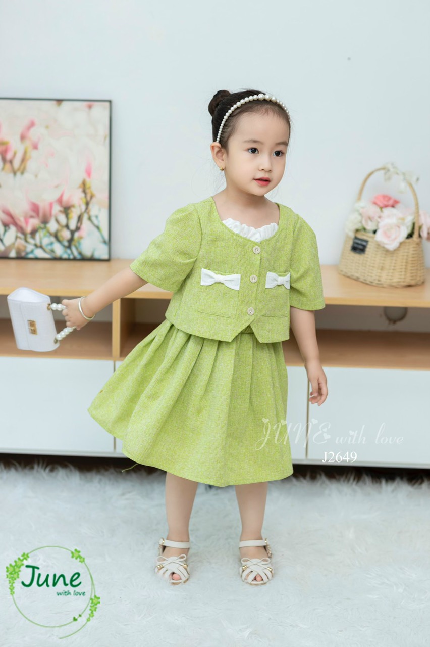 Set áo váy dạ text June with love màu xanh 1-10y