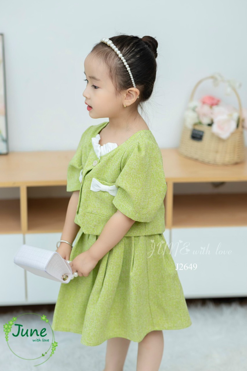 Set áo váy dạ text June with love màu xanh 1-10y