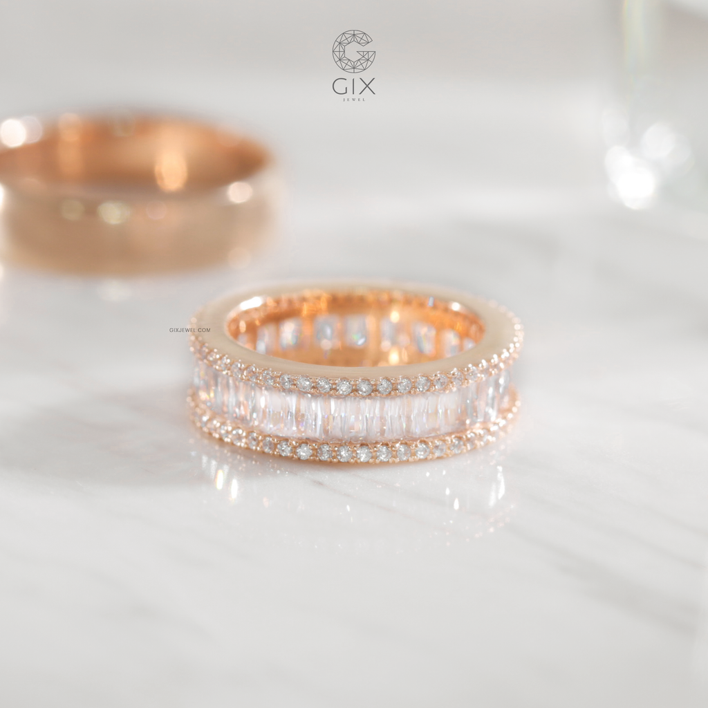 Nhẫn nữ đẹp vàng hồng & bạc cao cấp đính kim cương baguette đeo thời trang Gix 