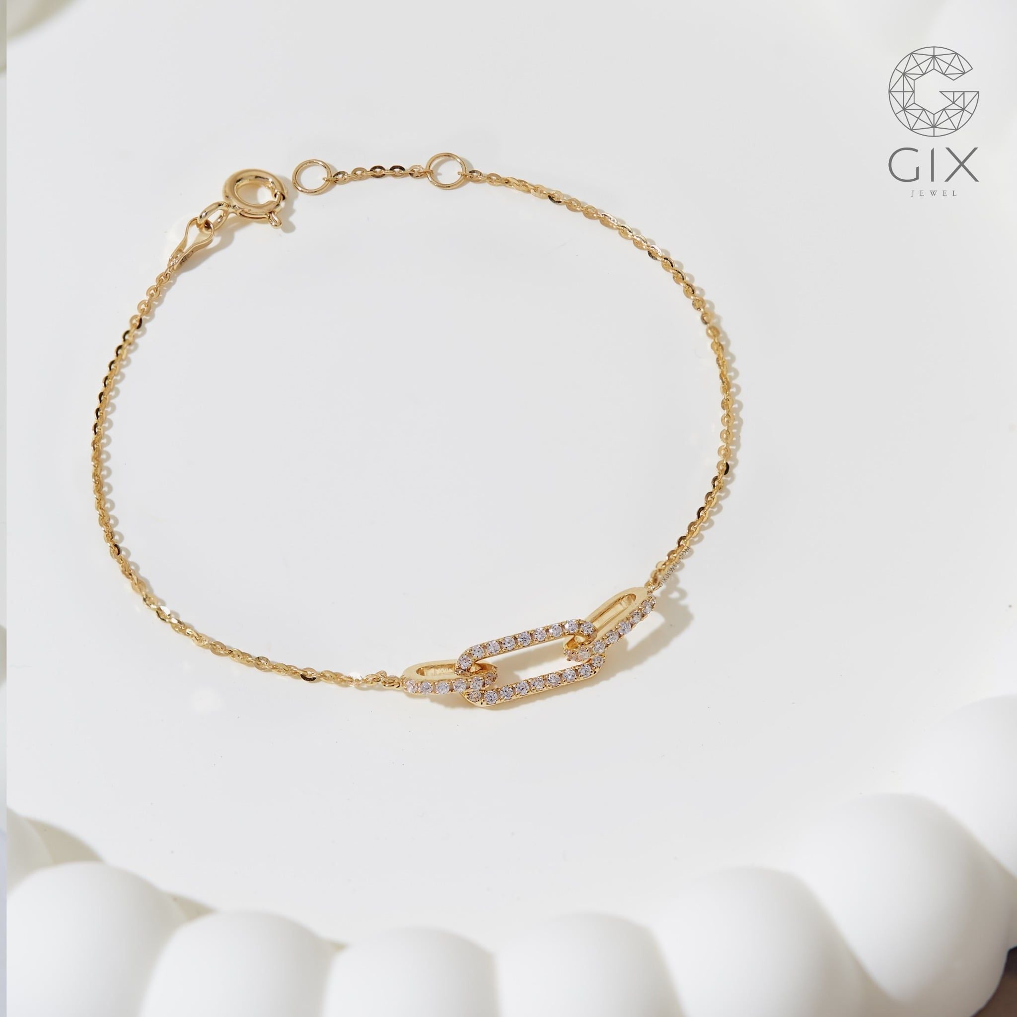  Lắc tay vàng trắng đính kim cương sợi mảnh đẹp nhất charm vàng mắc xích Gixjewel 