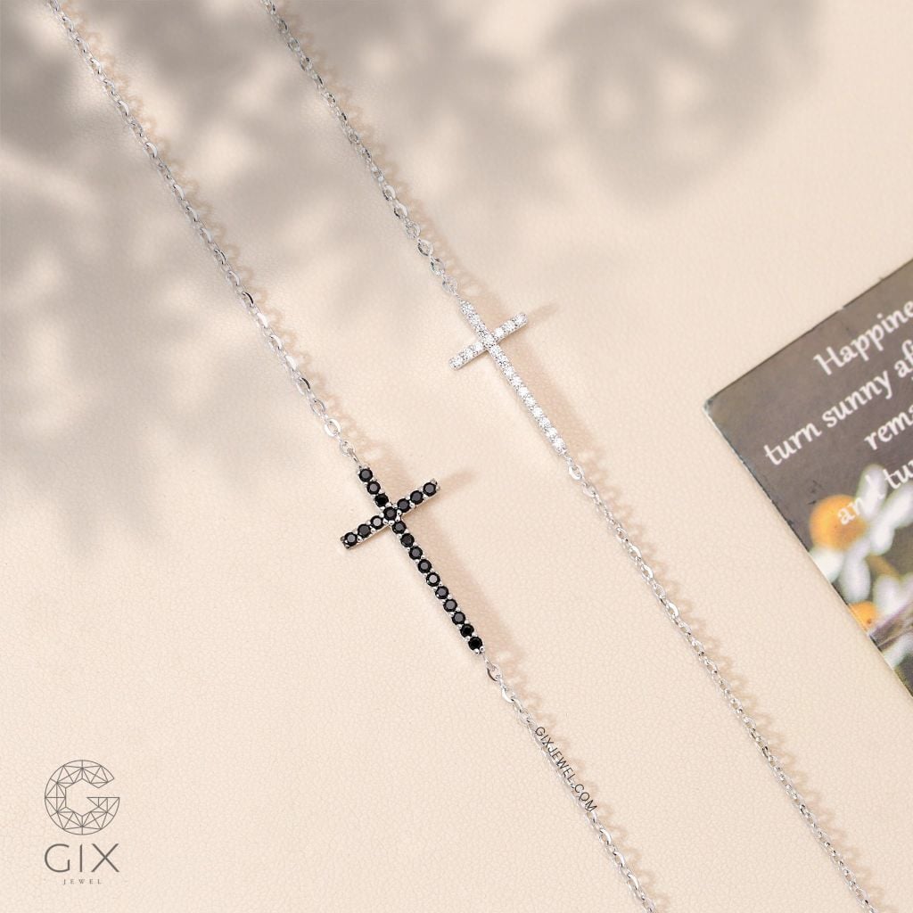  Lắc tay bạc thánh giá mạ vàng 18k đẹp mắc xích mảnh đính đá đen cao cấp Gix 