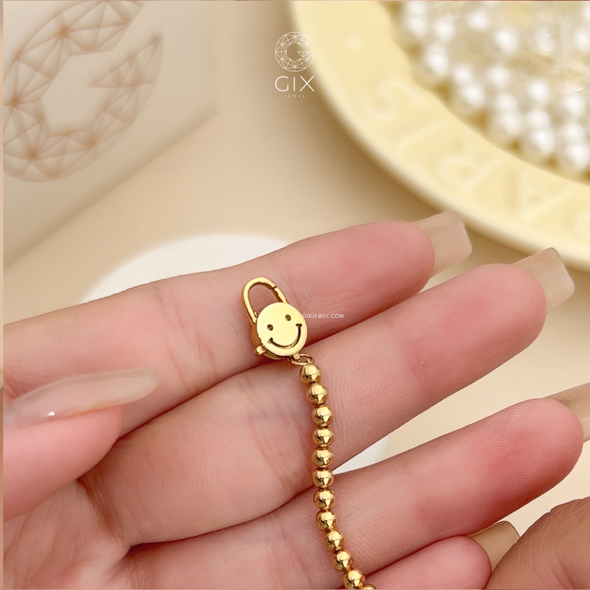  Lắc tay bi vàng nữ 18k bạc 925 hình mặt cười handmade dễ thương Gix Jewelry 