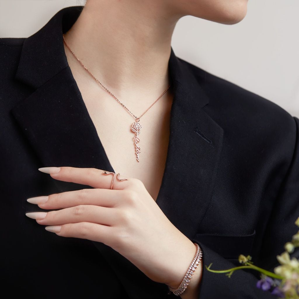  Dây chuyền tên kèm hoa hồng vàng kiểu mới & bạc nữ cao cấp từ sợi mảnh - Rose tháng 6 Gix 