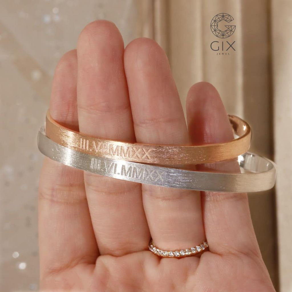  Vòng tay đôi cute dạng cuff cứng bạc 925 vàng 18k bản nhỏ khắc tên vân tay ý nghĩa Gix 