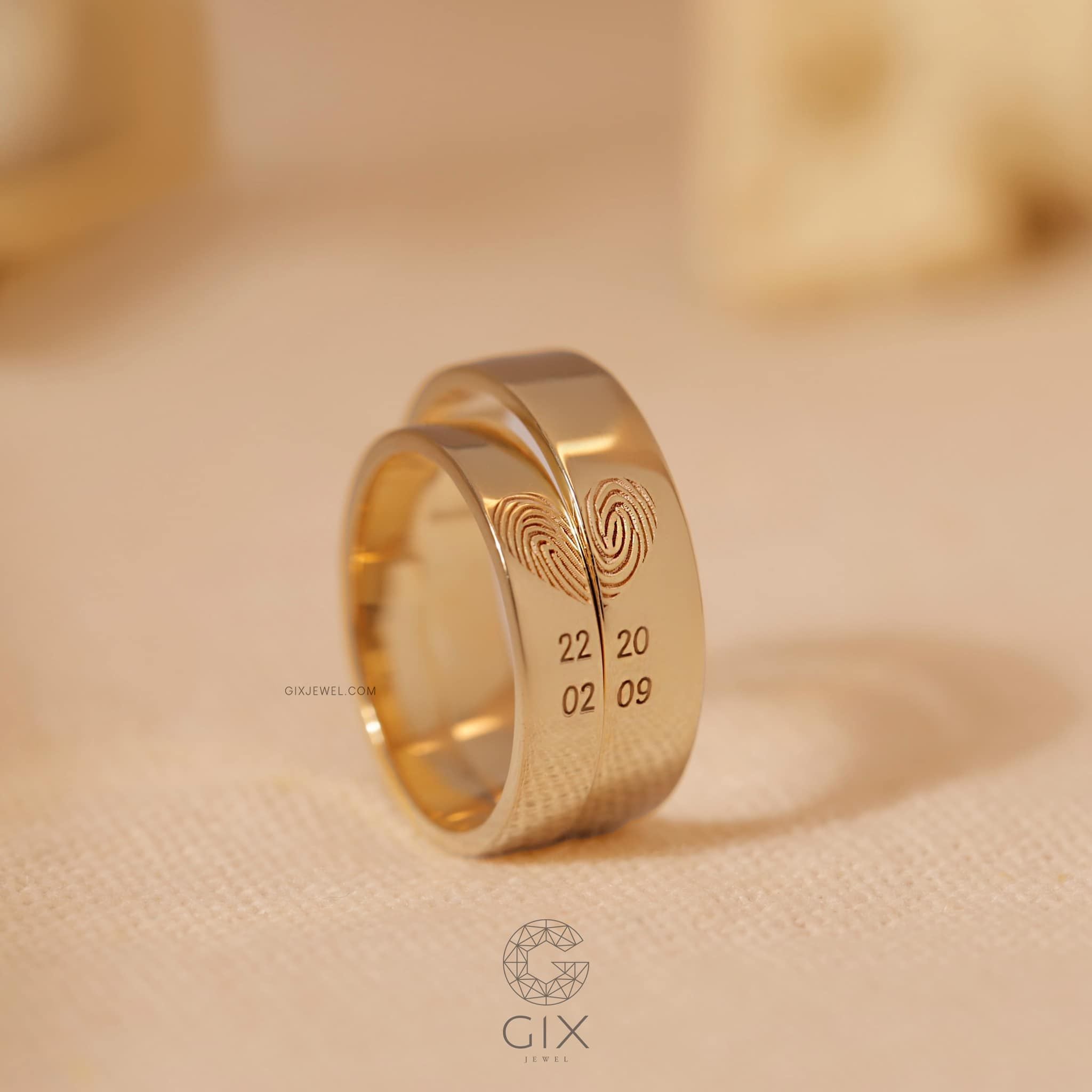  Nhẫn cưới vàng 18k khắc vân tay thiết kế đơn giản khắc tên Gix Jewel 