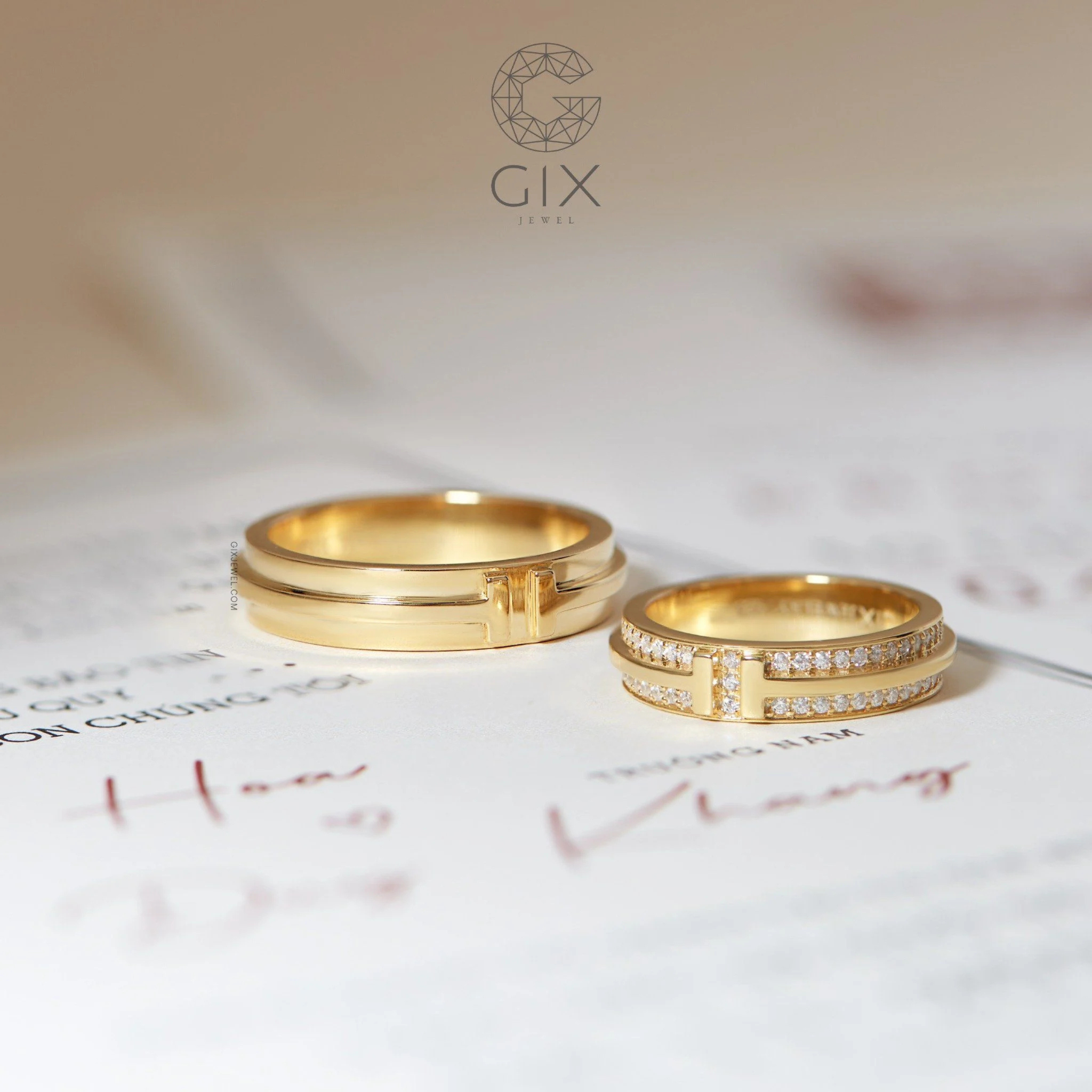  Nhẫn cưới luxury thiết kế riêng vàng tây đính kim cương cao cấp Gix Jewel 