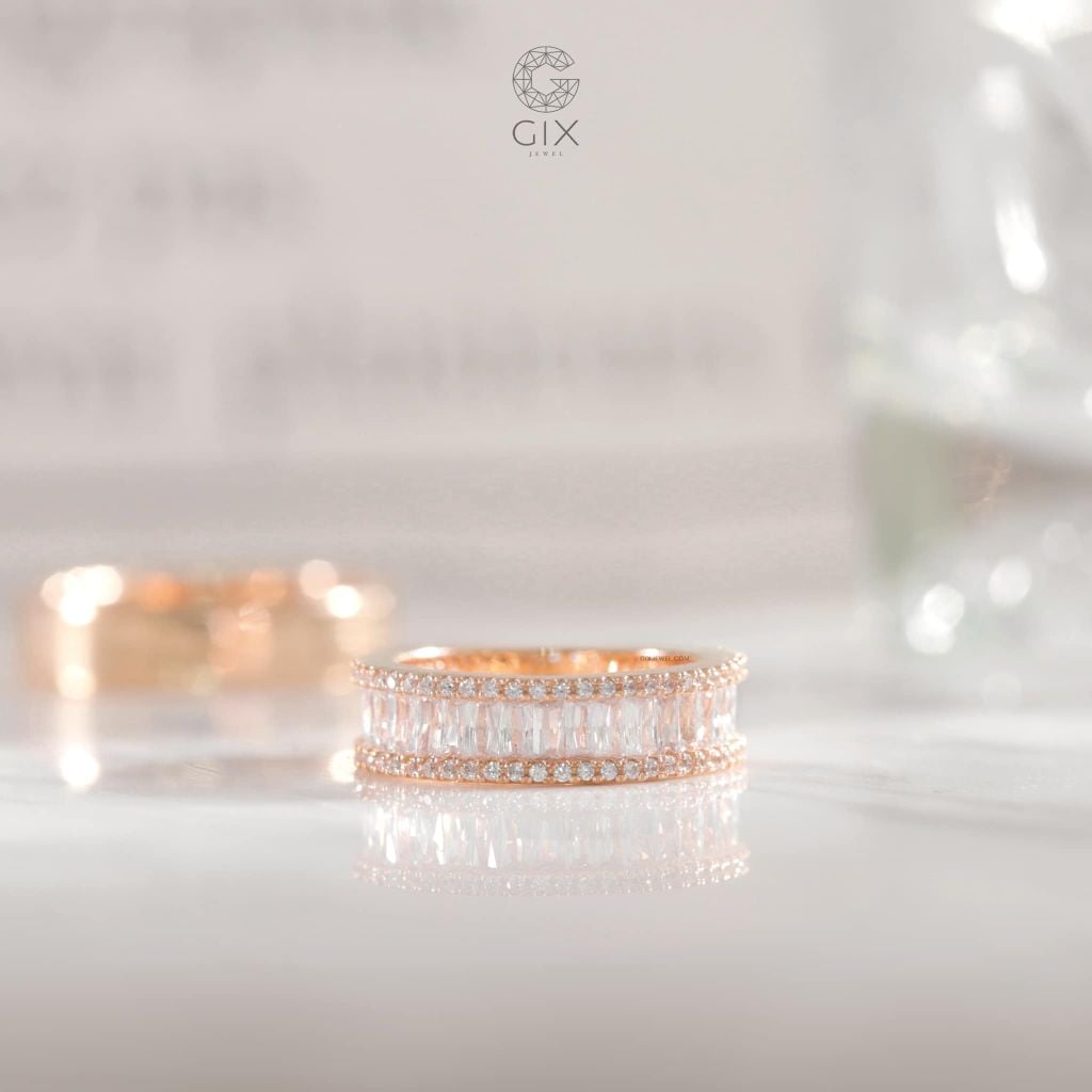  Nhẫn nữ đẹp vàng hồng & bạc cao cấp đính kim cương baguette đeo thời trang Gix 