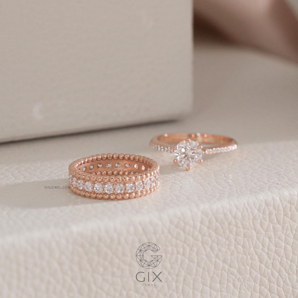 Nhẫn Bạc Nữ S925 Đẹp Gix Jewel Mạ Vàng 18K Đính Đá Moissanite Phối Bi