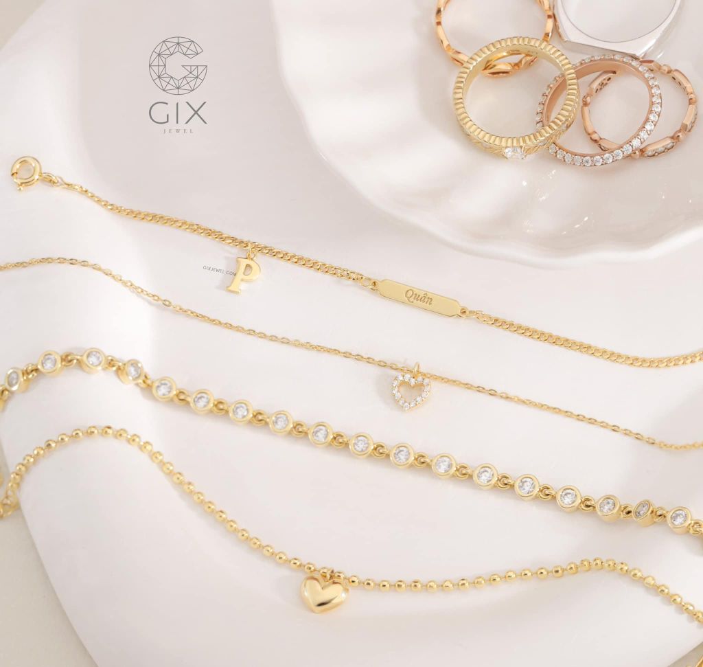  Lắc tay bạc vàng 18k dưới 3 triệu sợi chữ cong hình trái tim đính kim cương đẹp Gix 