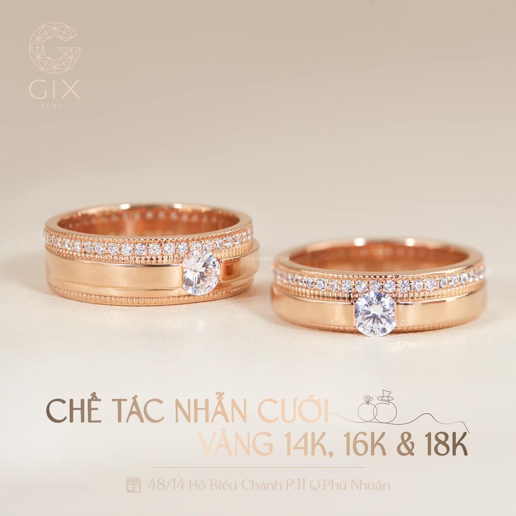  Nhẫn cưới đẹp vàng hồng 18k thời trang kiểu mới đính đá Moissanite Gix Jewel 