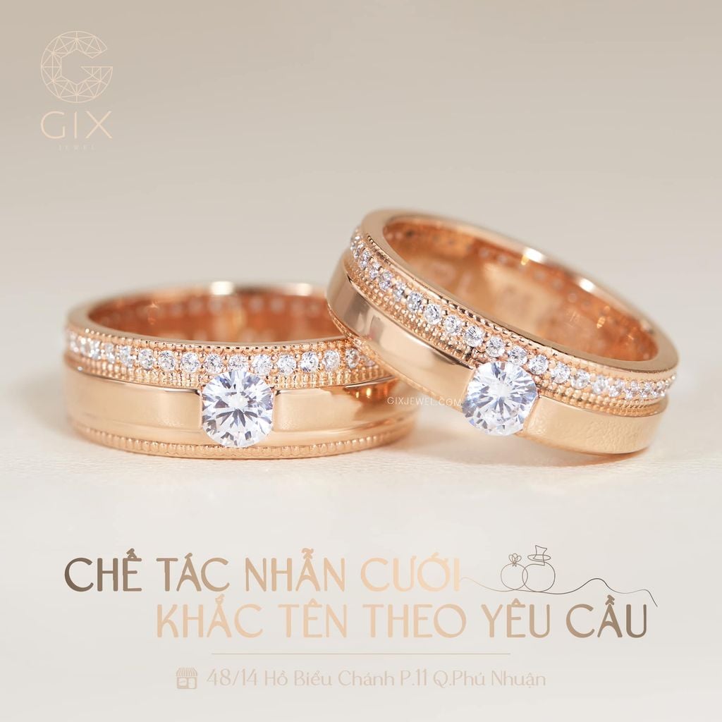  Nhẫn cưới đẹp vàng hồng 18k thời trang kiểu mới đính đá Moissanite Gix Jewel 