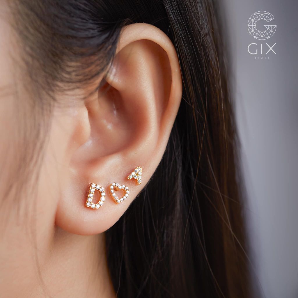  Bông tai chữ D vàng 18k handmade bạc đẹp sang trọng đính kim cương tấm Gix Jewel 