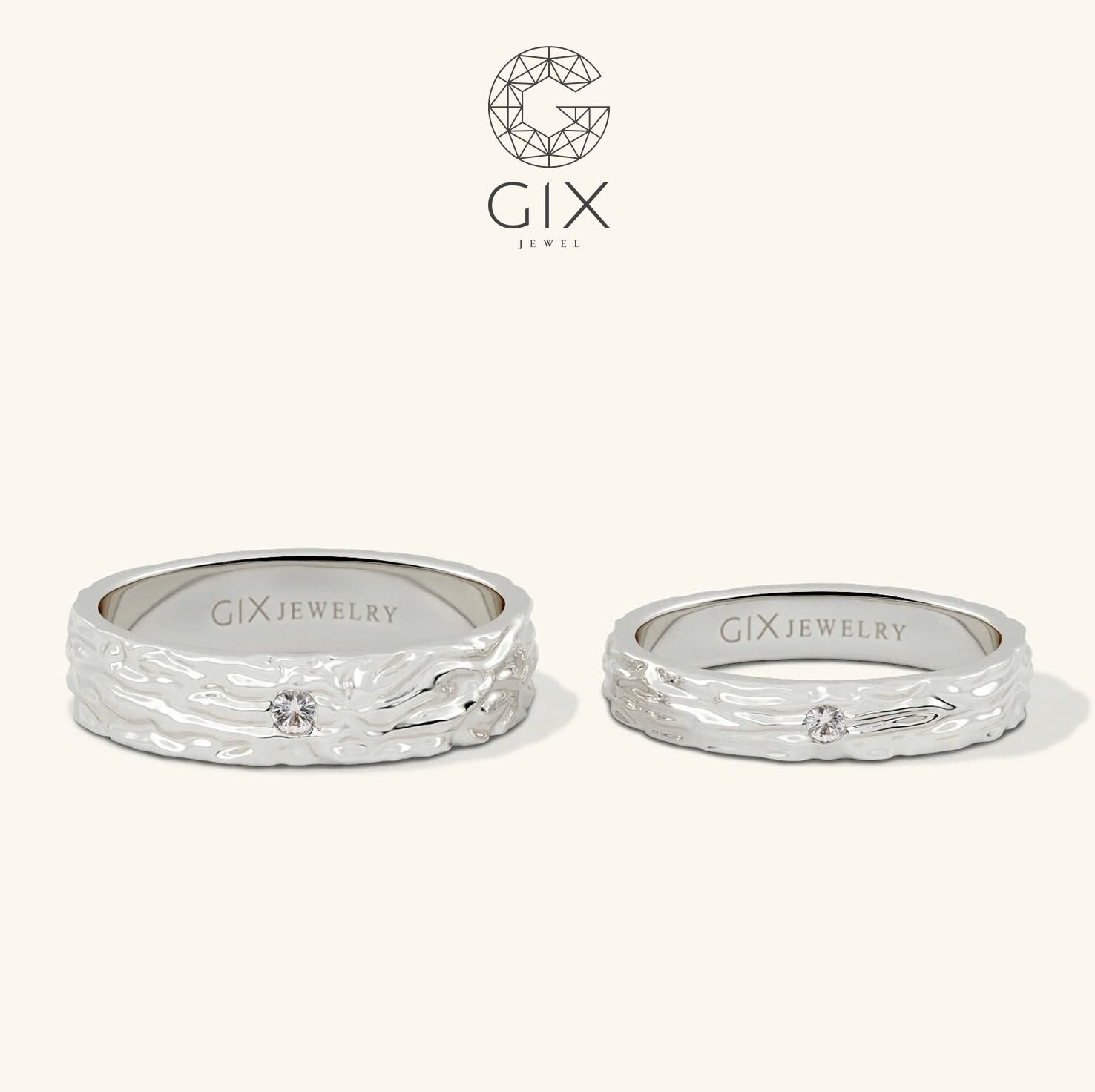  Nhẫn cặp vát hammer đính đá độc đáo Gixjewel - GCR25050078 