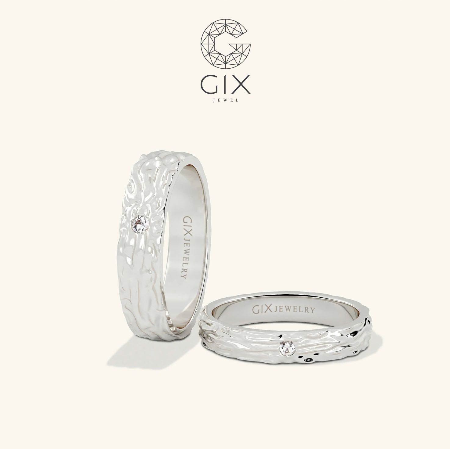  Nhẫn cặp vát hammer đính đá độc đáo Gixjewel - GCR25050078 
