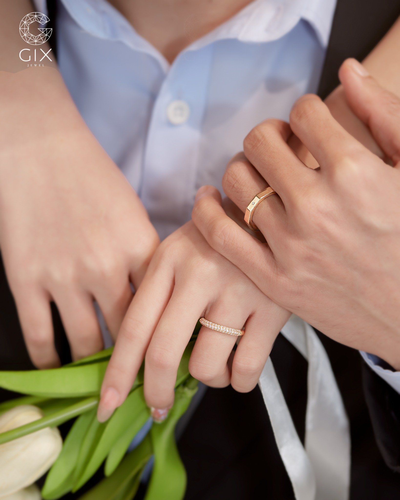  Nhẫn cưới đơn giản đẹp thiết kế riêng vàng trắng 18k đính kim cương moissanite cao cấp 