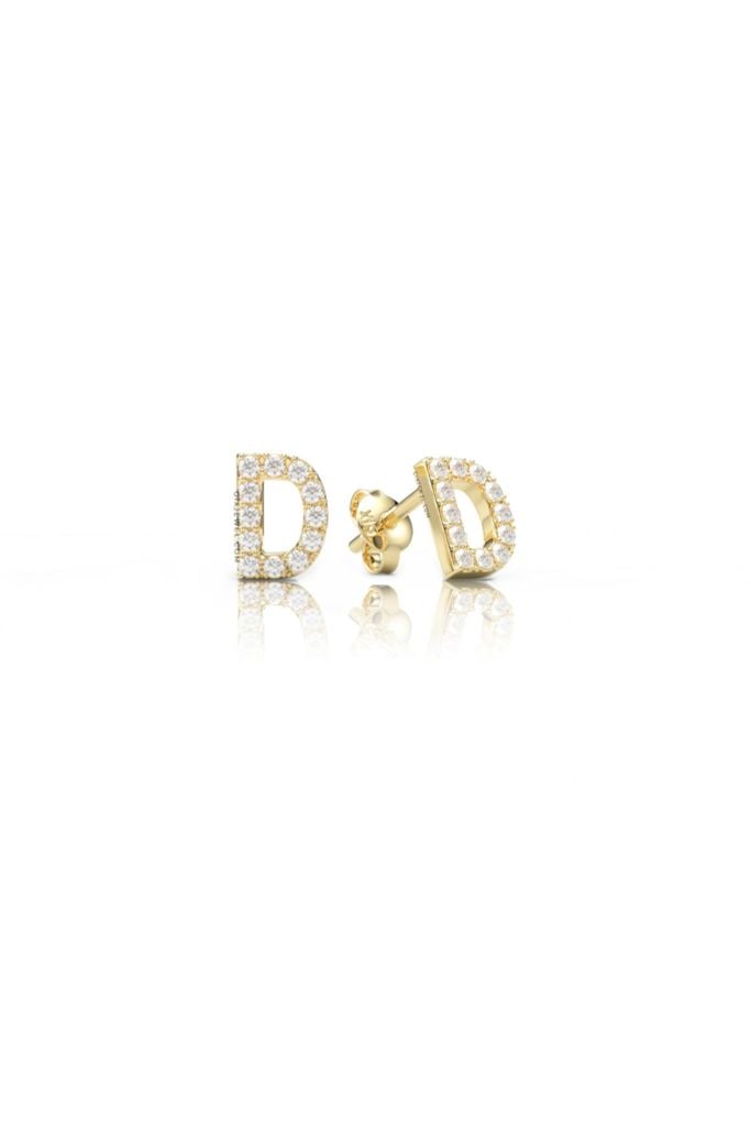  Bông tai chữ D vàng 18k handmade bạc đẹp sang trọng đính kim cương tấm Gix Jewel 