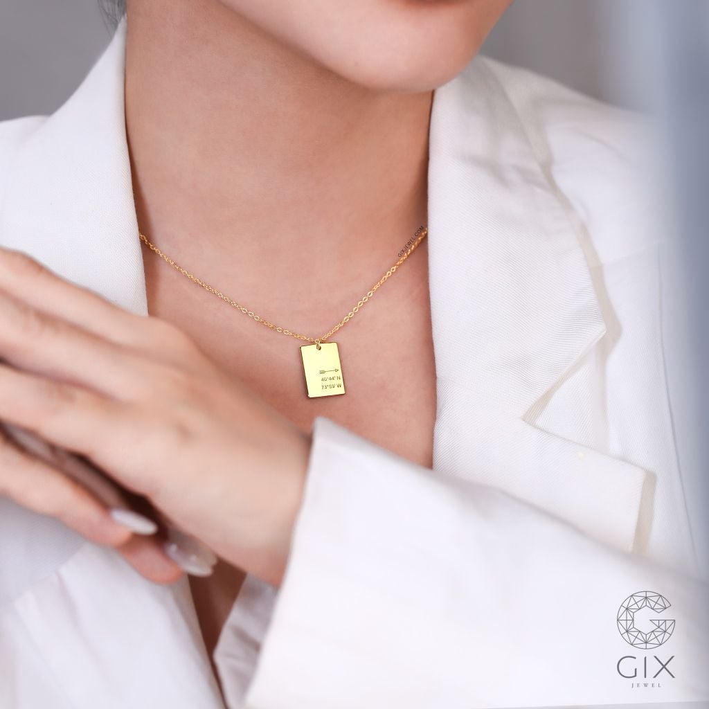  Dây chuyền đôi vàng 18k khắc tên theo yêu cầu sợi chữ cong hình chữ nhật Gix 