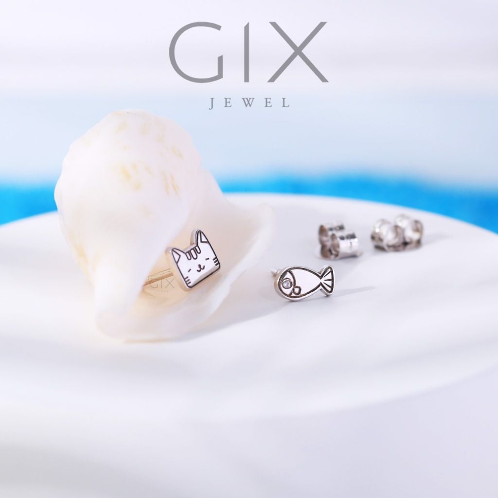  Bông tai bạc thật mạ vàng tây cho bé hình mèo và cá dễ thương Gixjewel 