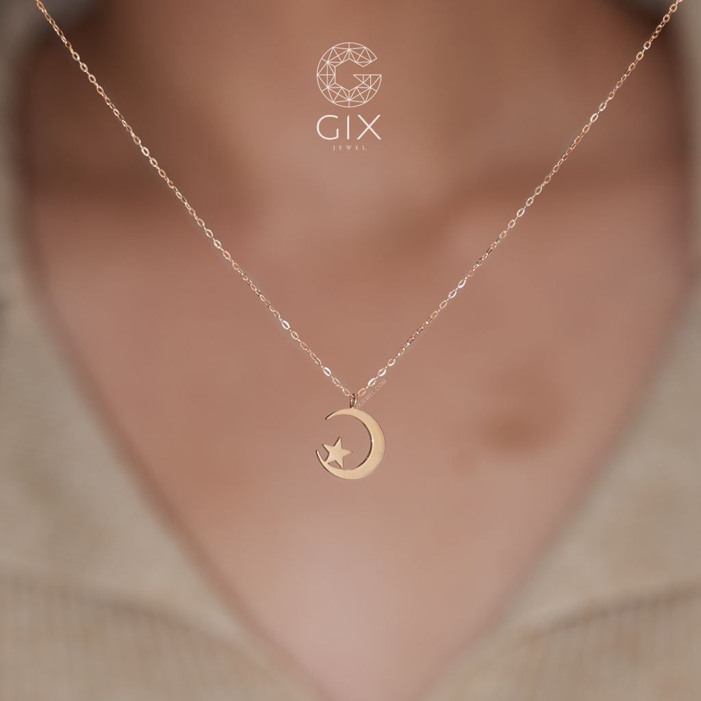 Dây chuyền vàng hồng 18k nữ sợi nhuyễn hình mặt trăng đính kim cương hợp đi tiệc Gix Jewel 