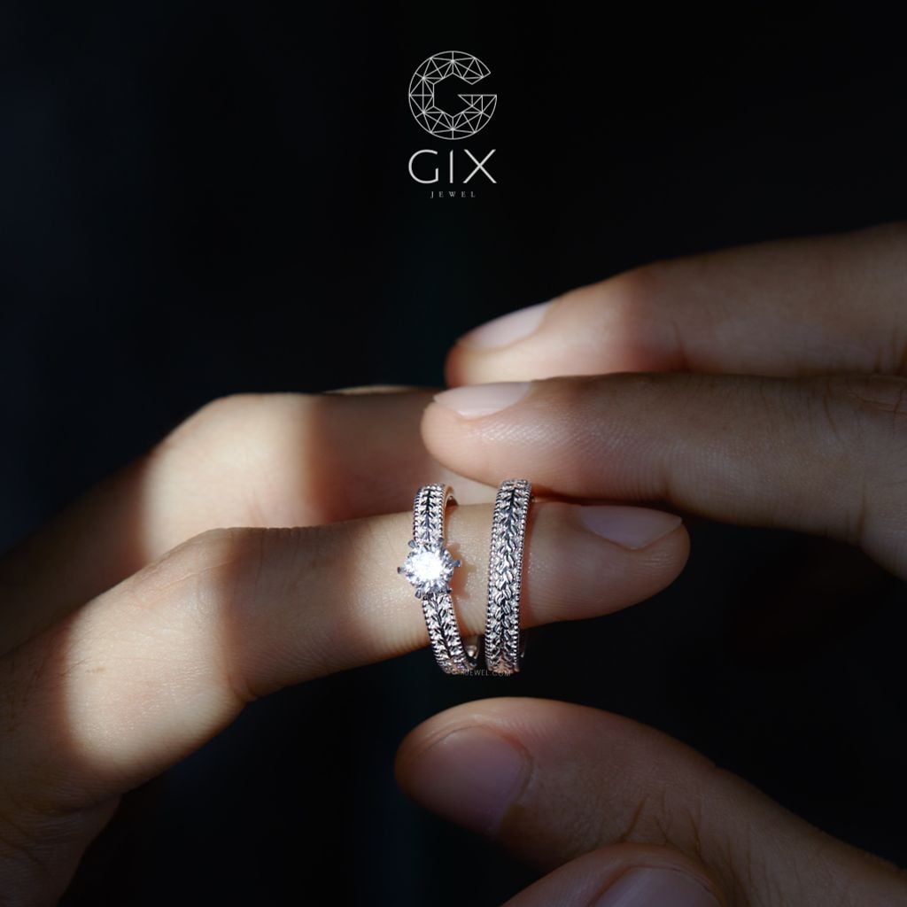 Nhẫn Đính Hôn Kim Cương Vàng Trắng 18K Mạ Bạc Cao Cấp Kim Cương Round
