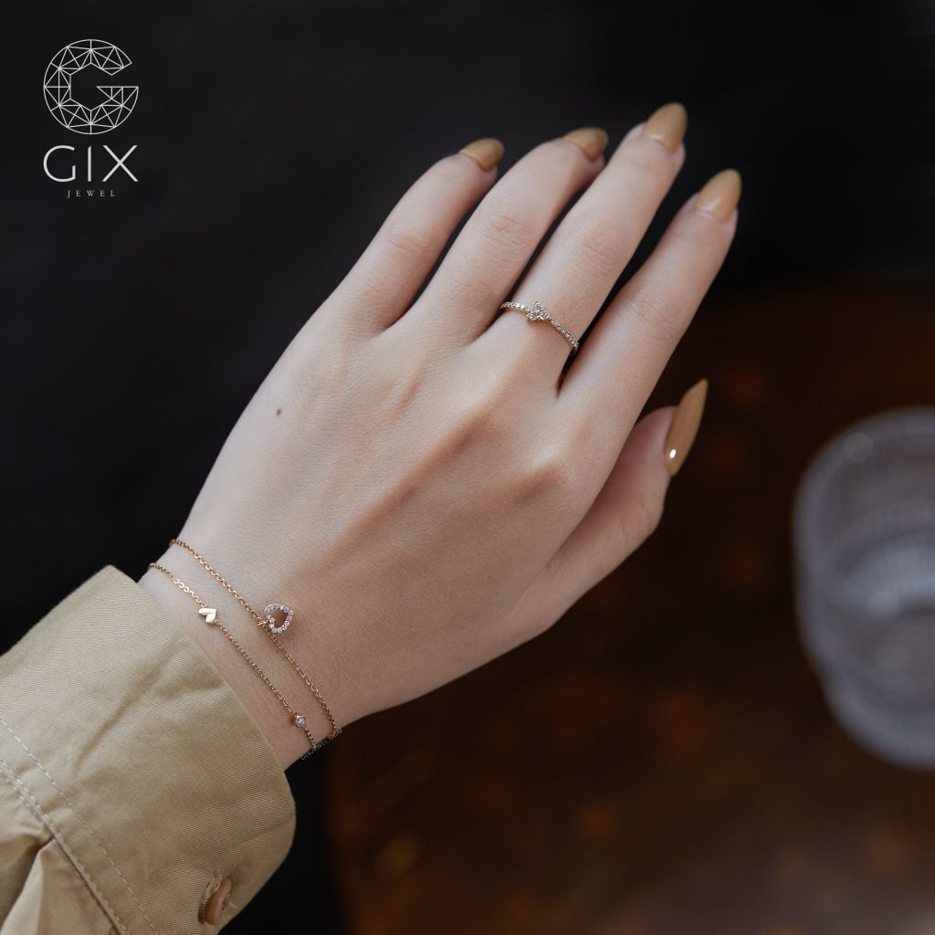  Lắc tay bạc vàng 18k dưới 3 triệu sợi chữ cong hình trái tim đính kim cương đẹp Gix 
