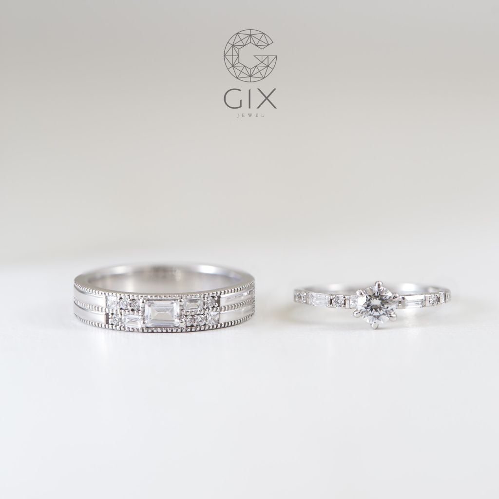 Bộ Nhẫn Cưới Thiết Kế Riêng Đẹp Vàng 18K Gix Jewel Đính Full Kim Cương