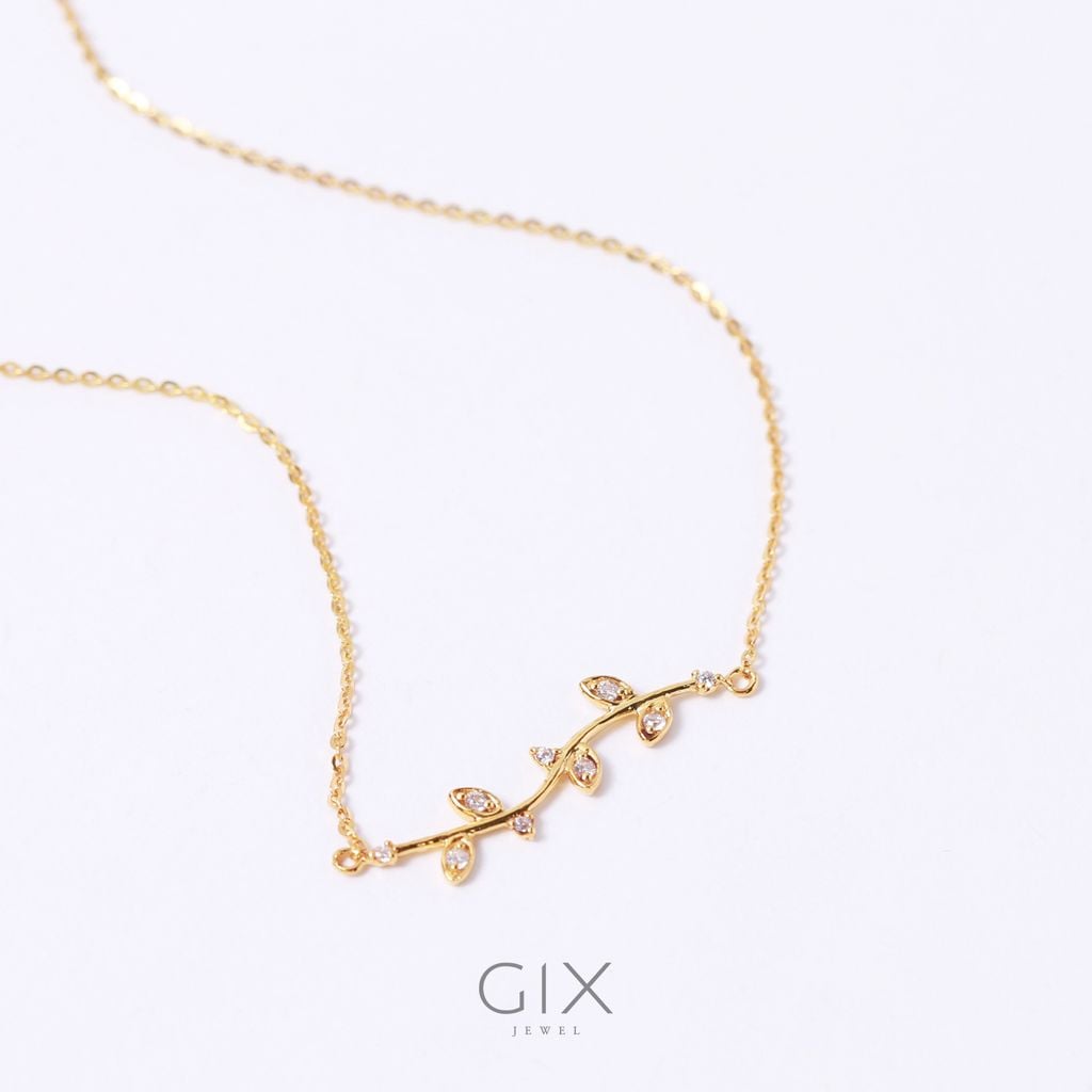 Vòng cổ cô dâu cưới hình lá cây vàng 18k sợi nhỏ mảnh đẹp đính đá GixJewelry