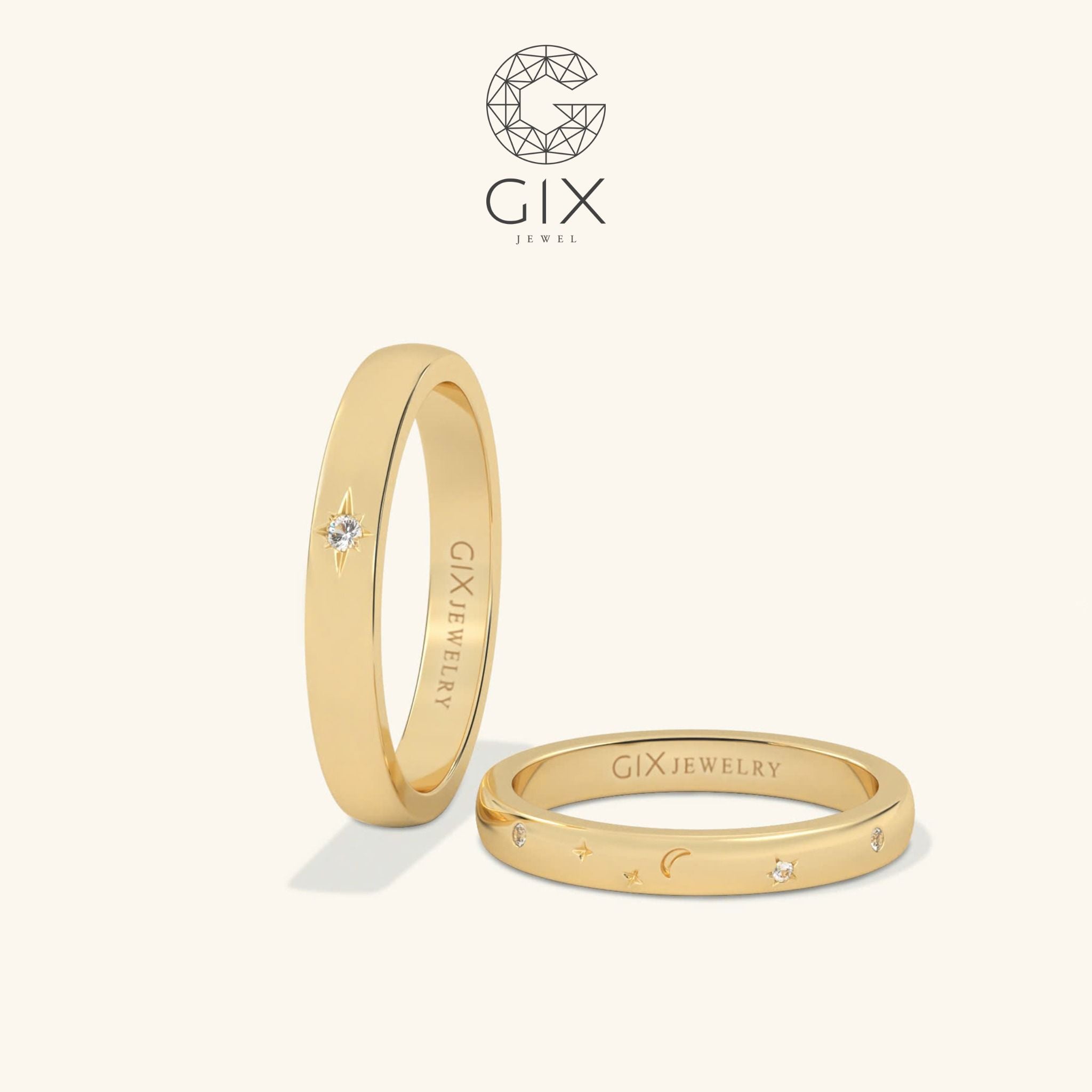  Nhẫn cưới vàng tây 18k đẹp tinh xảo tròn trơn khắc vũ trụ sao trăng Gix Jewel 