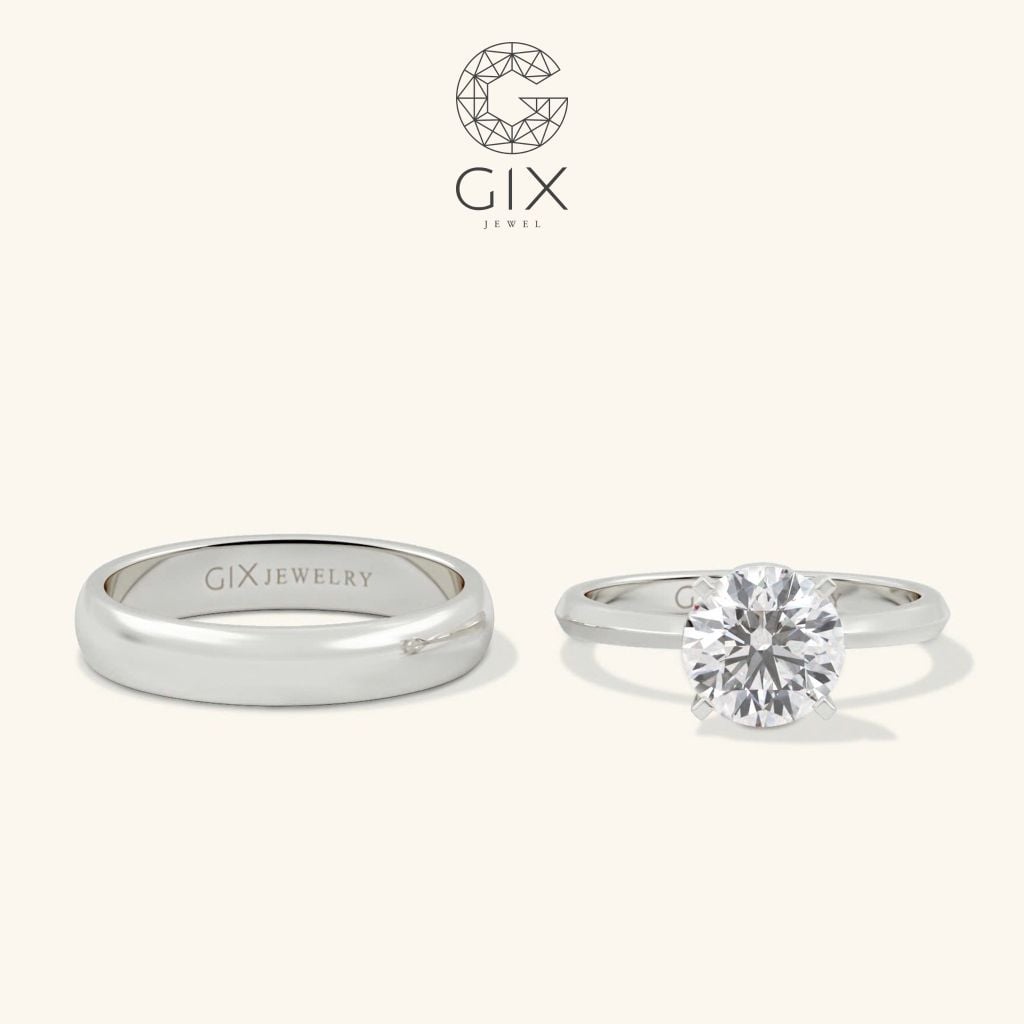  Nhẫn cưới hiện đại vàng tây bản to rẻ đẹp đính kim cương thật Gix Jewel 