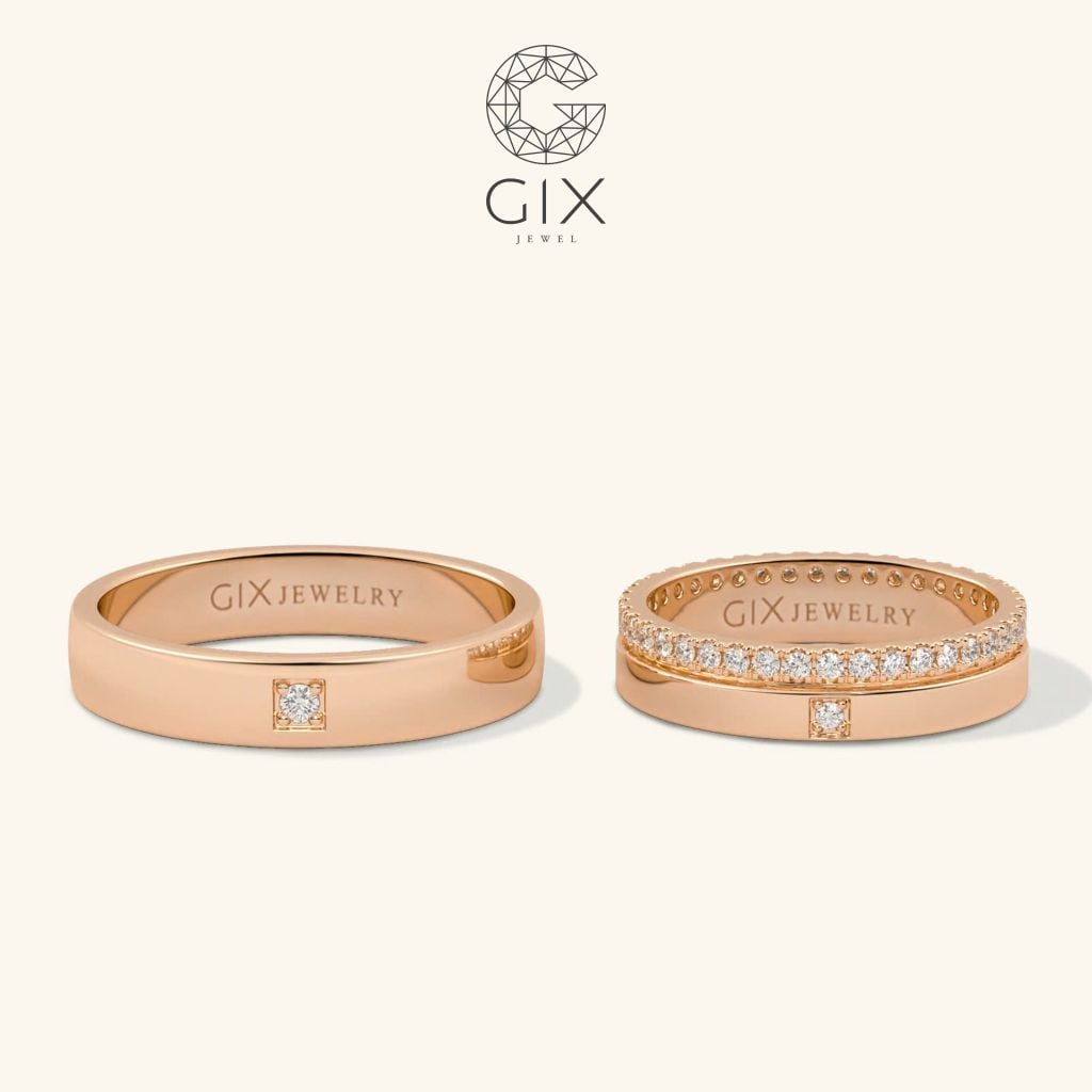  Cặp nhẫn cưới đẹp vàng 18k đơn giản ghép đôi đính kim cương thiên nhiên Gix Jewel 