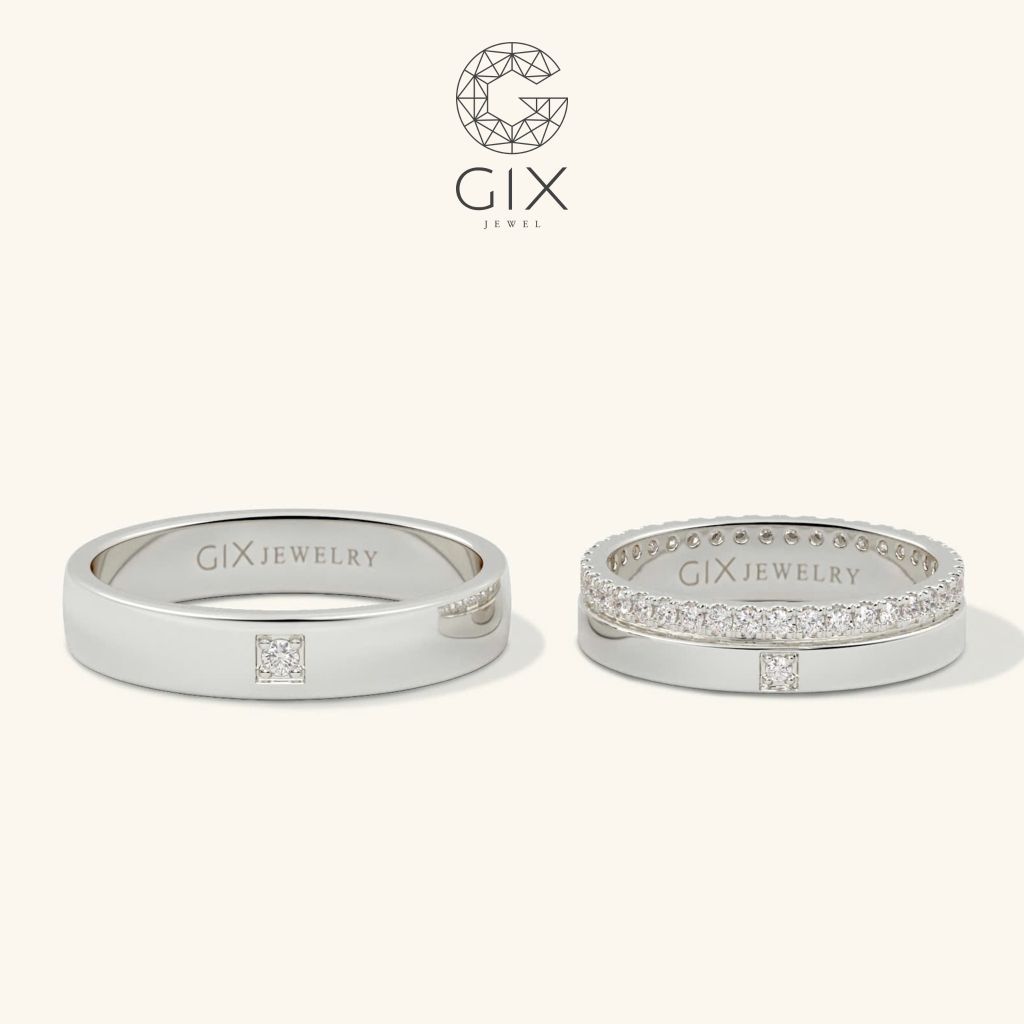  Cặp nhẫn cưới đẹp vàng 18k đơn giản ghép đôi đính kim cương thiên nhiên Gix Jewel 