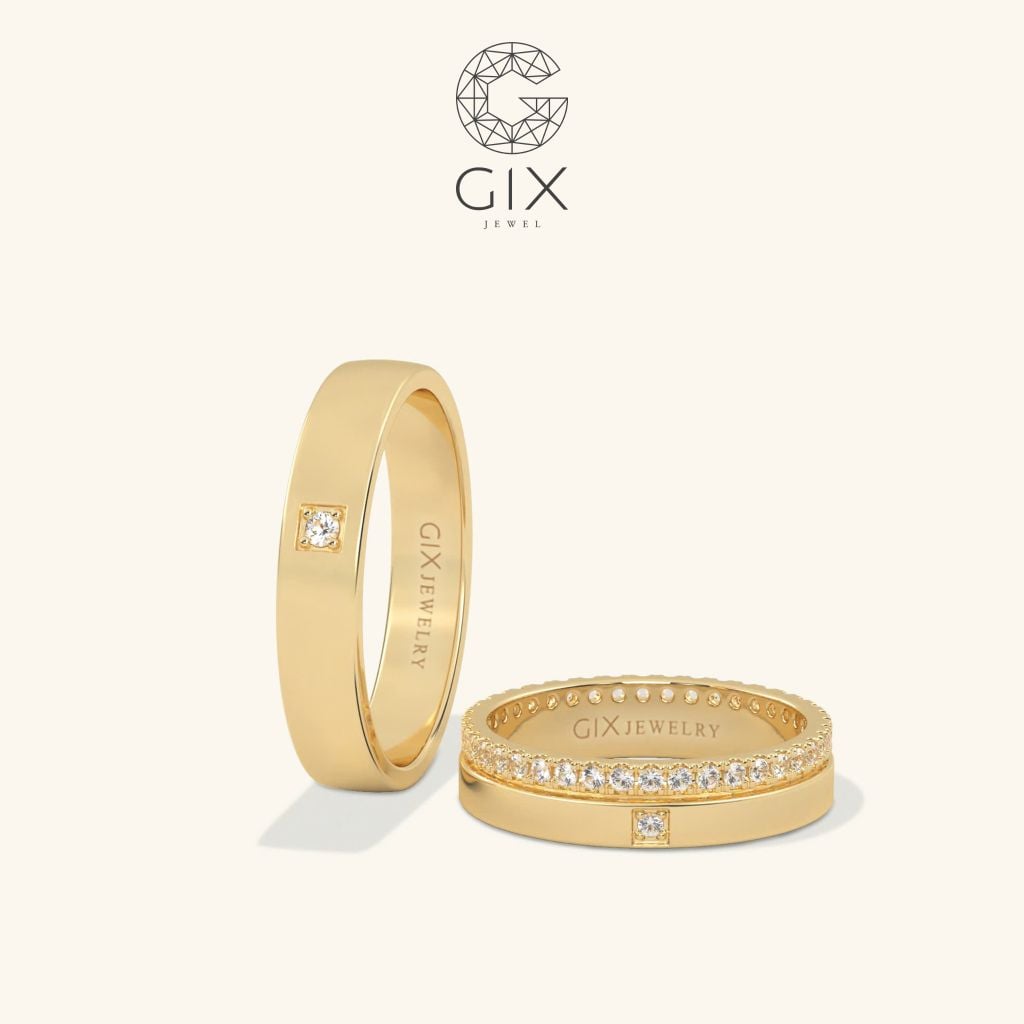  Cặp nhẫn cưới đẹp vàng 18k đơn giản ghép đôi đính kim cương thiên nhiên Gix Jewel 