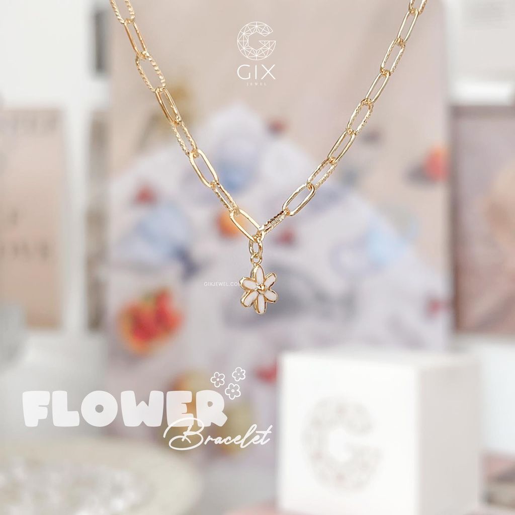  Lắc tay vàng nữ 18k bạc cao cấp mắc xích trơn gắn charm hình hoa xinh Gixjewelry 