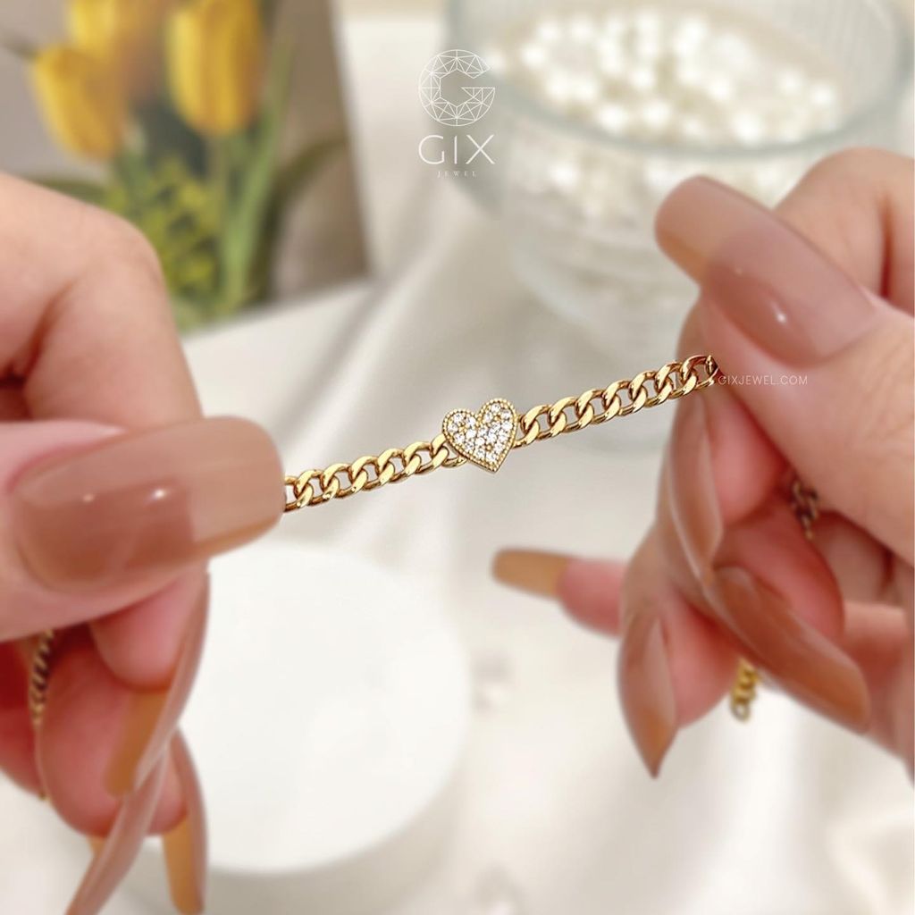  Lắc tay vàng 18k sợi khoen lật đơn giản đẹp hình trái tim đính kim cương Gix Jewel 