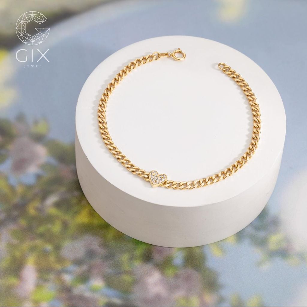  Lắc tay vàng 18k sợi khoen lật đơn giản đẹp hình trái tim đính kim cương Gix Jewel 