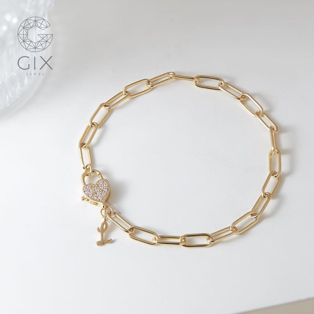  Vòng tay đôi tình yêu cho nam nữ sợi xích vàng 18k & bạc 925 gắn charm vàng trái tim và chữ Gix 