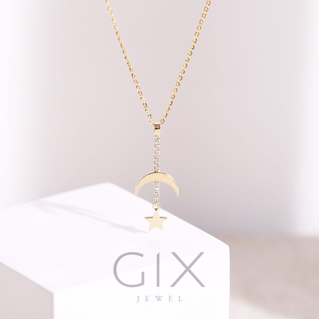 Dây chuyền vàng trắng ý 18k hình sao trăng mắt xích mỏng kiểu mới Hàn Quốc Gix