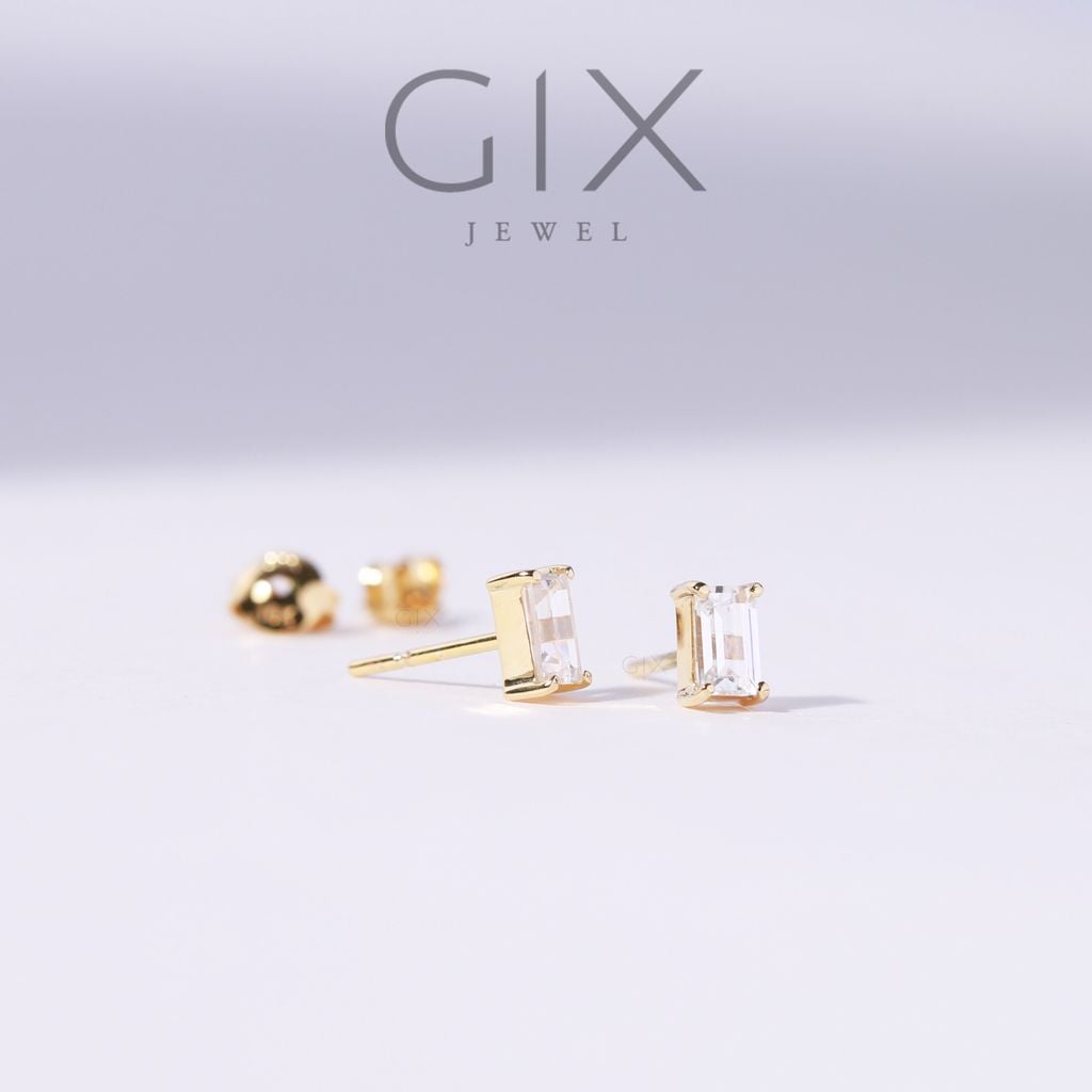  Bông tai 1 hột vàng tây bạc xi bạch kim dáng nụ đá chữ nhật 4 chấu đẹp Gix Jewel 