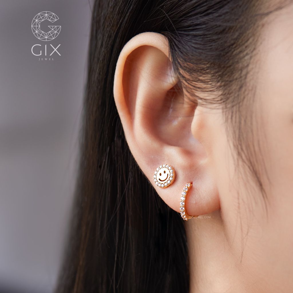  Bông tai nữ vàng 18k bạc đẹp khoen tròn 12mm đơn giản đẹp đính đá sang trọng đi tiệc Gix 