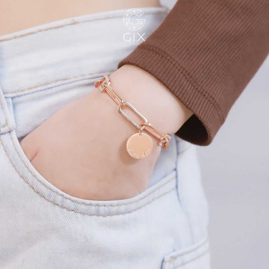  Vòng tay bạc đôi mắc xích vuông cá tính khắc chữ đeo cặp đẹp Gix Jewel 