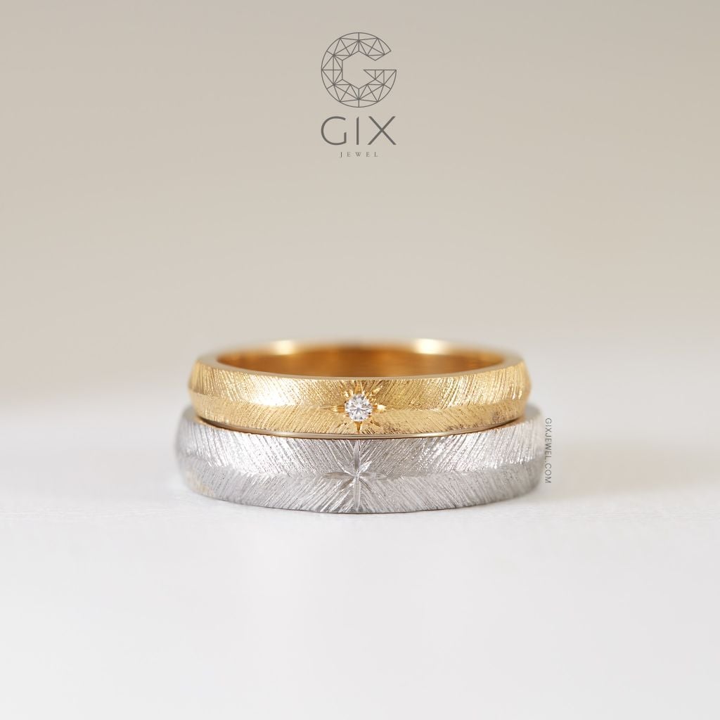 Nhẫn cưới vàng 18k thiết kế Gix Jewel đính kim cương nhám xước vintage 