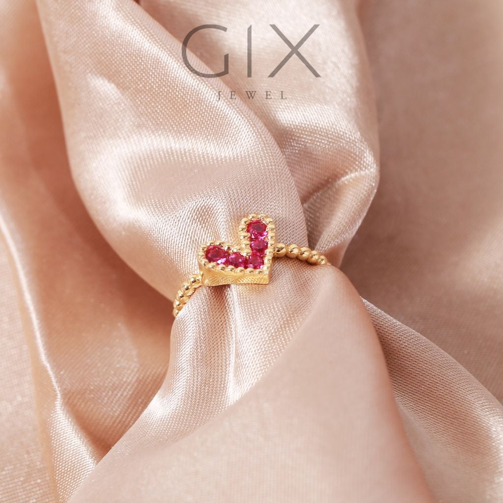  Nhẫn vàng 610 đính kim cương & bạc 925 hình trái tim hột đá đỏ nữ xinh xắn Gix 