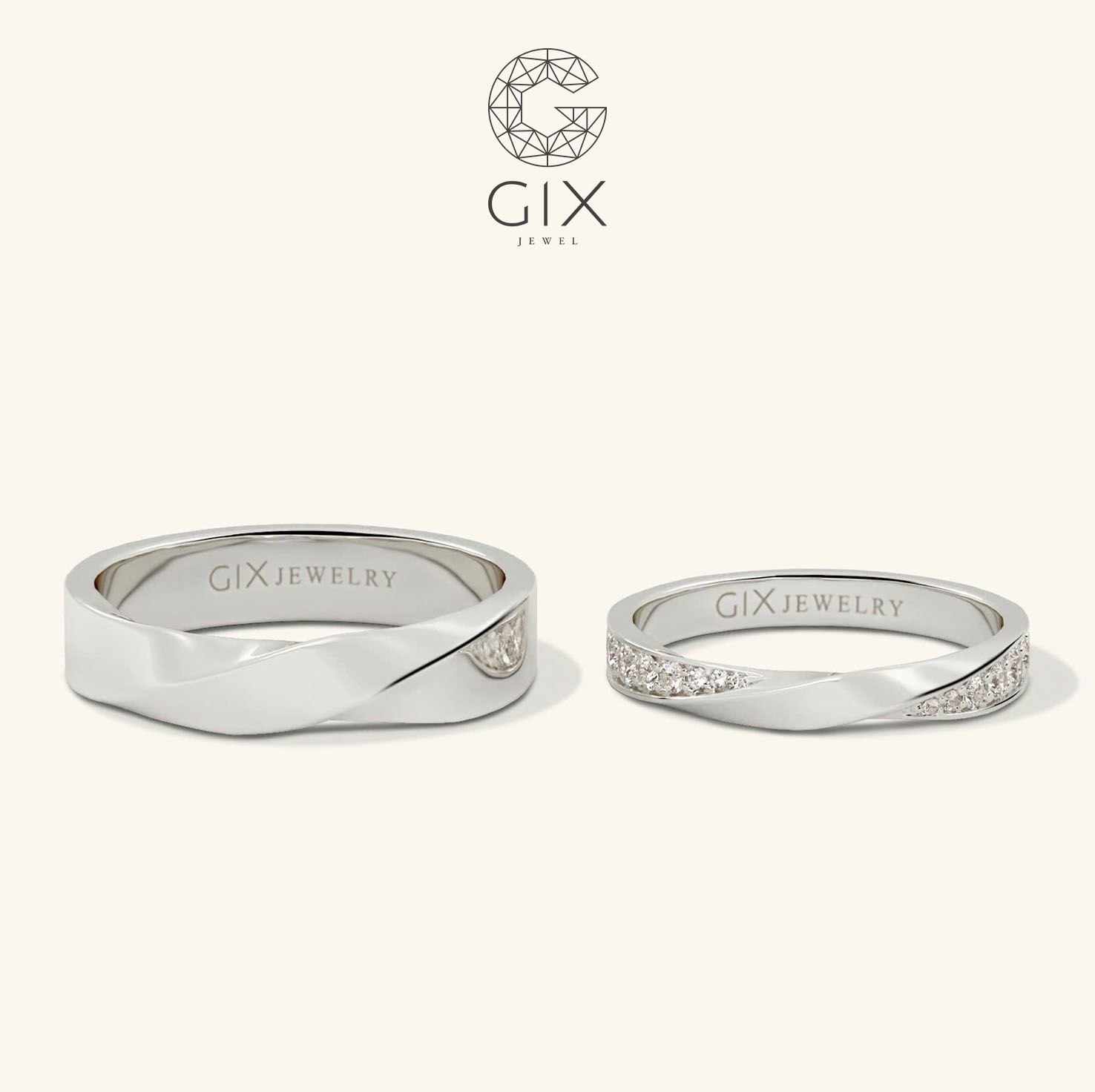  Nhẫn cưới đẹp vàng trắng hàng hiệu đính kim cương đơn giản Gix Jewel 