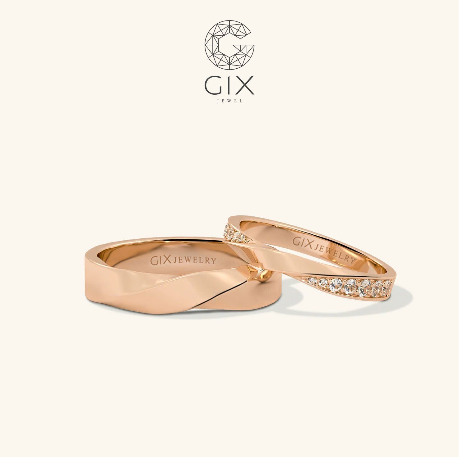  Nhẫn cưới đẹp vàng trắng hàng hiệu đính kim cương đơn giản Gix Jewel 