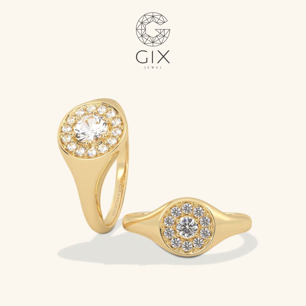  Nhẫn cưới thiết kế riêng signet mặt tròn vàng 18k đẹp nhất đính kim cương sang trọng Gix Jewel 
