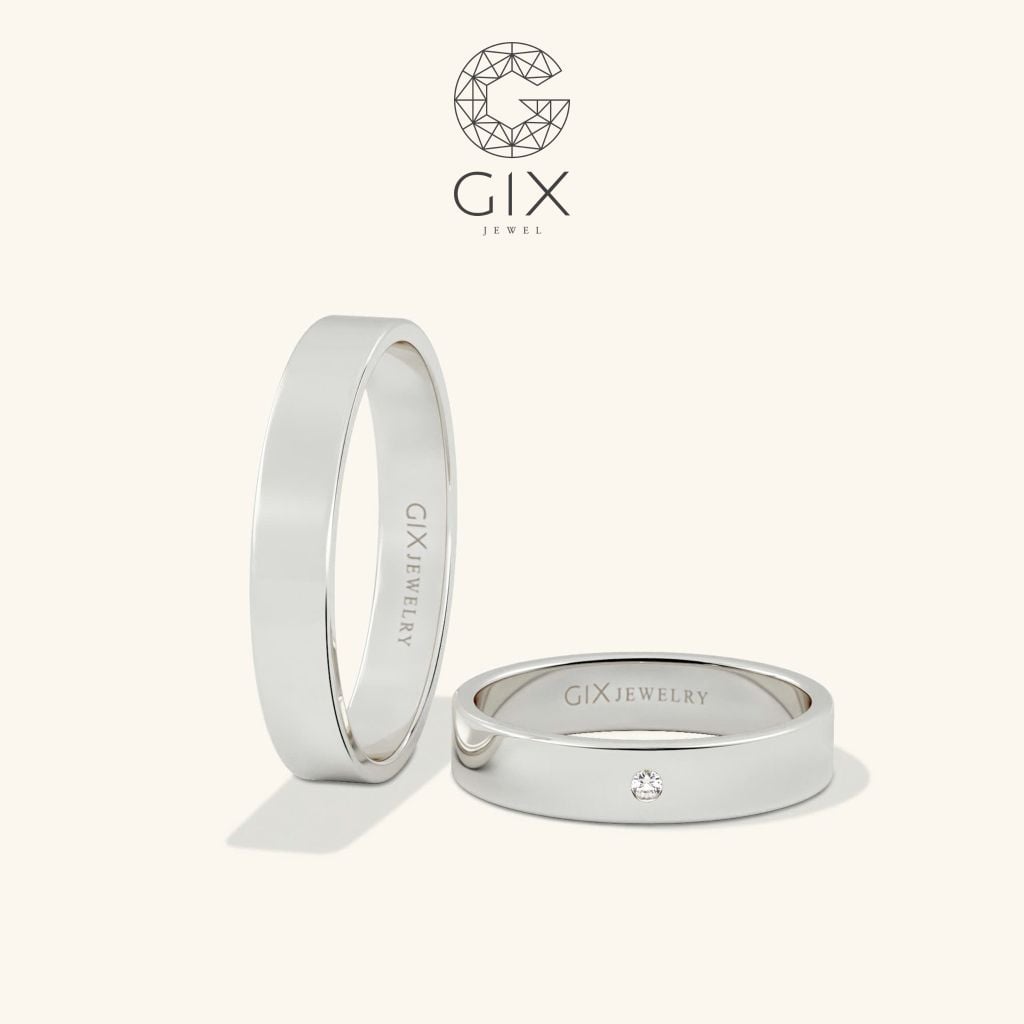  Cặp nhẫn cưới truyền thống vàng tây 18k đẹp trơn bản to khắc chữ đính đá đẹp Gix 