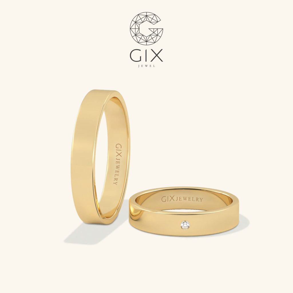  Cặp nhẫn cưới truyền thống vàng tây 18k đẹp trơn bản to khắc chữ đính đá đẹp Gix 