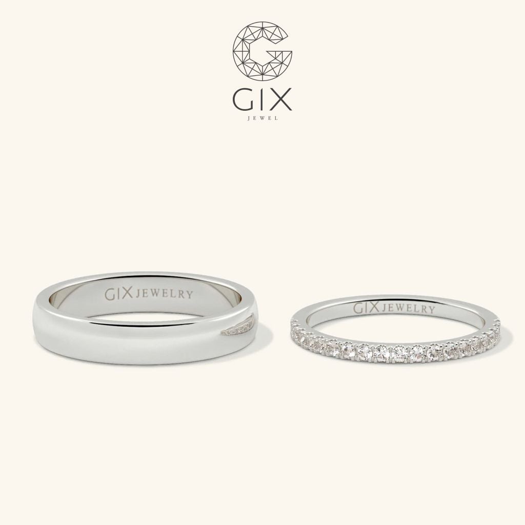 Nhẫn cưới cặp Eternity vàng trắng 18k đính kim cương rẻ đẹp Gix Jewel